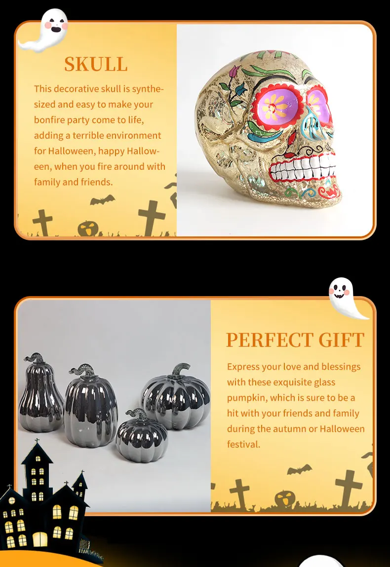 Battery operated laser engraved black happy halloween decorations artificial glass pumpkins to decorate with led lights inside manufacture