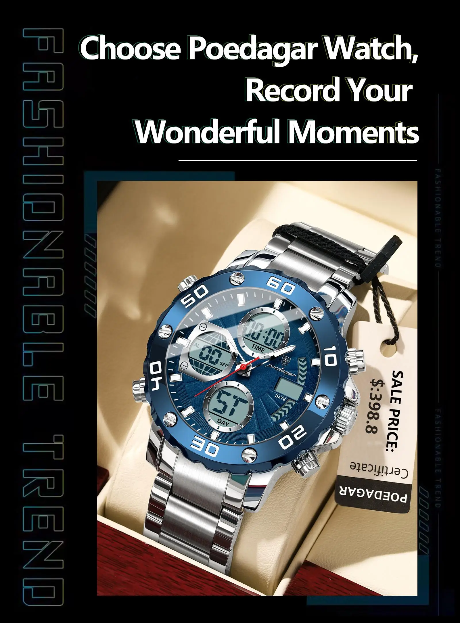 POEDAGAR E102 New Men Fashion Digital Quartz Movement Men Electronic Watches Led Dual  Display Luminous Stainless Watch for Male