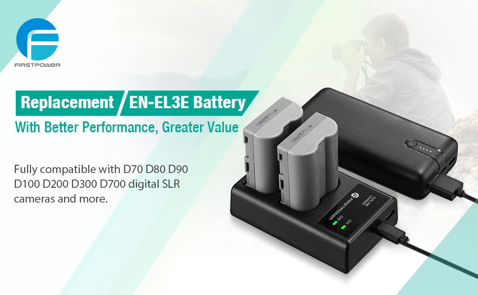 Kit Batterie Et Chargeur Uwayor Pour Nikon EN-EL3e – Double Slot USB – Compatible D700, D300, D200, D80, Etc. – 2600mAh