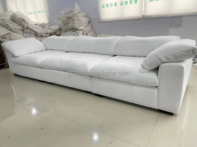 Modern Living Room White Linen Fabric Down Cloud Sofa Bed Set Furniture L Corner Ushaped