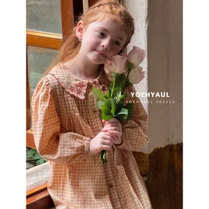 YOEHYAUL 25166 Ruffle Embroidered Plaid Dress Girl Knee Length Yellow Plaid Long Sleeve Cotton Dress Girl Dress Child