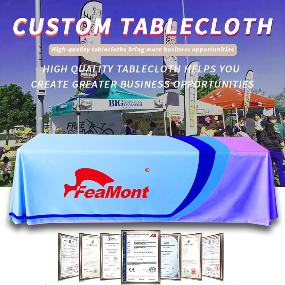 FEAMONT Custom Draped Outdoor Polyester Party Wedding Table Cloth Custom Tablecloth Exhibition Tablecloth Trade Show Table Cloth