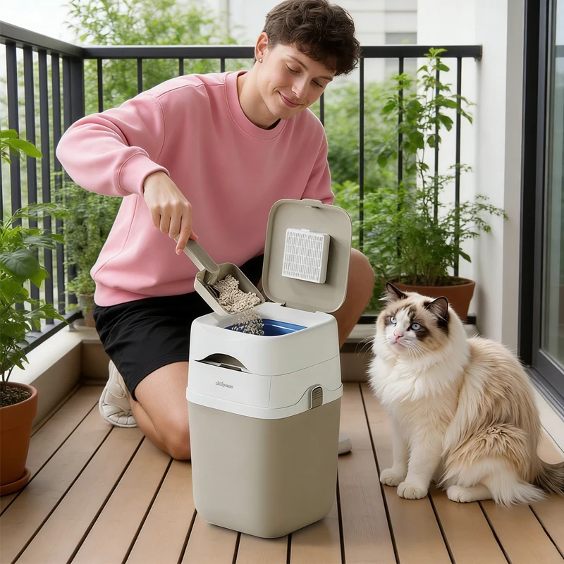 New Household Pet Waste Trash Can with Cat Litter Scoop Built in Deodorizer Box and Garbage Bag Storage Case Pet Supplies