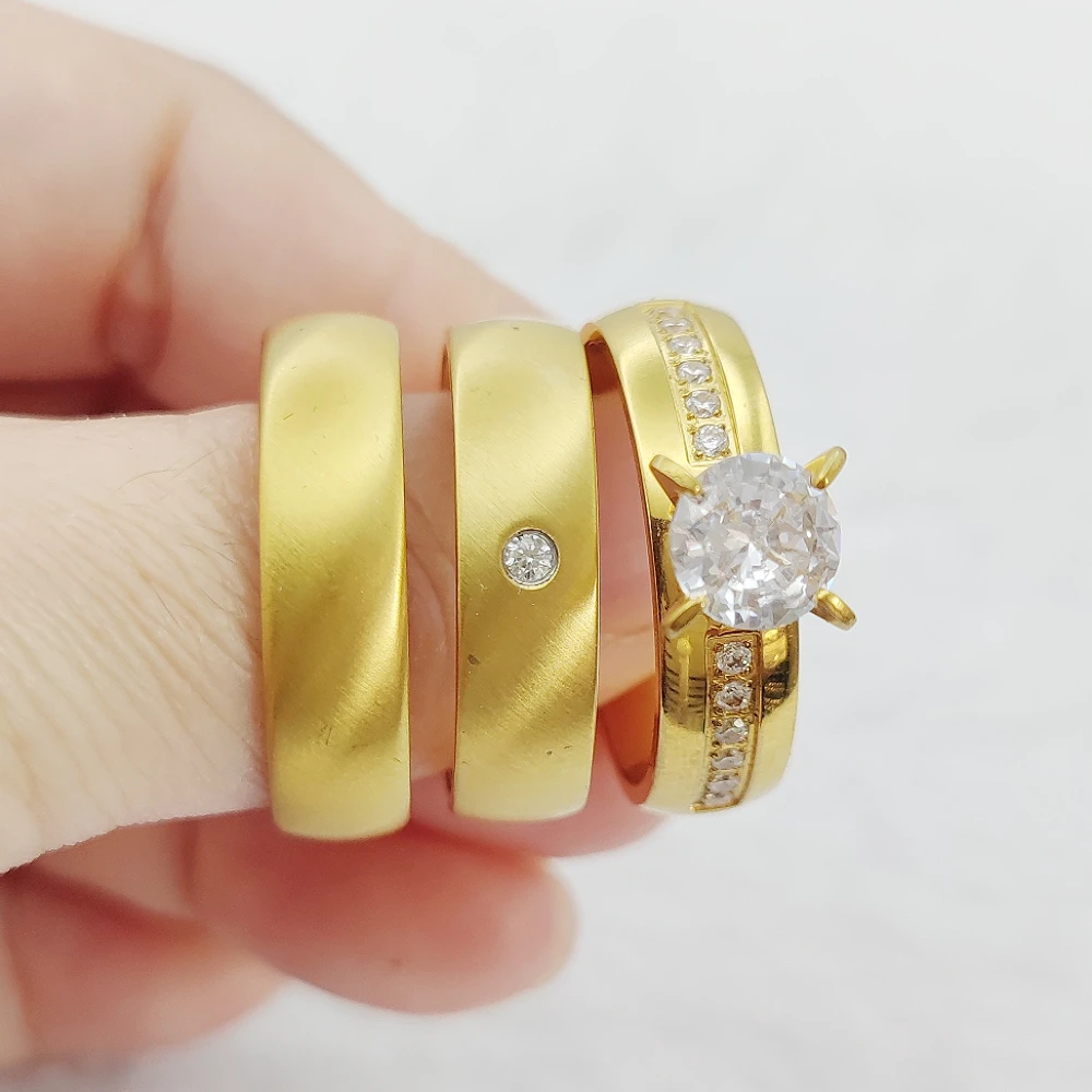 Ringheart His And Hers Couple Rings Set - Yellow Gold Plated With CZ, Titanium Steel, Wedding Bands For Men & Women
