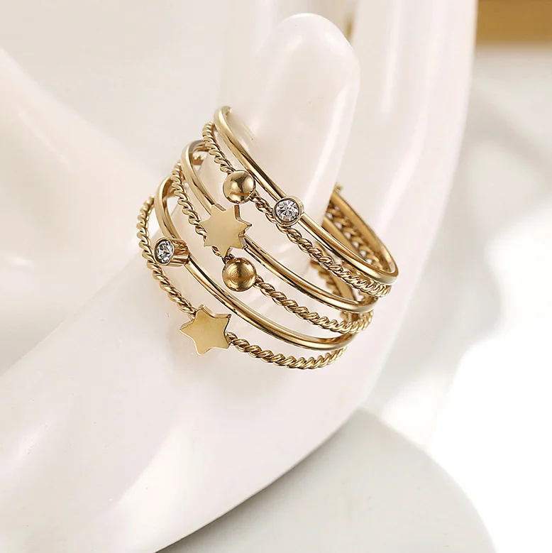 Stainless Steel Gold Jewelry Rings For Girl Simple Square Bead Clear