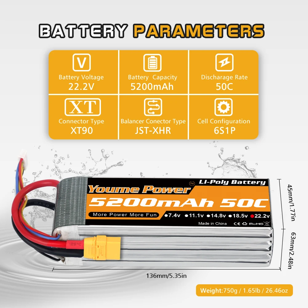 Model aircraft batteries 2-6s 5200mah 7.4V/11.1V/14.8V/18.5V/22.2V with T/TR/XT60/XT90/EC5 plugs factory