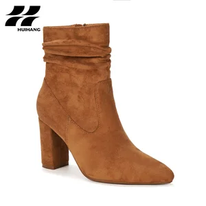 Women's Chic Suede Ruched Block Heel Boots Comfortable Zip Height Increasing Fashionable for Autumn/Winter Casual Party Footwear