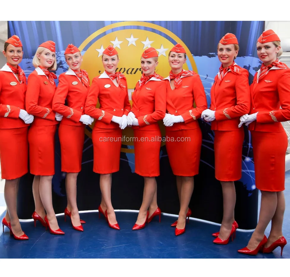 Flight Attendants Uniform Women Embroidered Hat Scarf Jacket Dress Suit Sexy Russian Airlines Stewardess Uniform