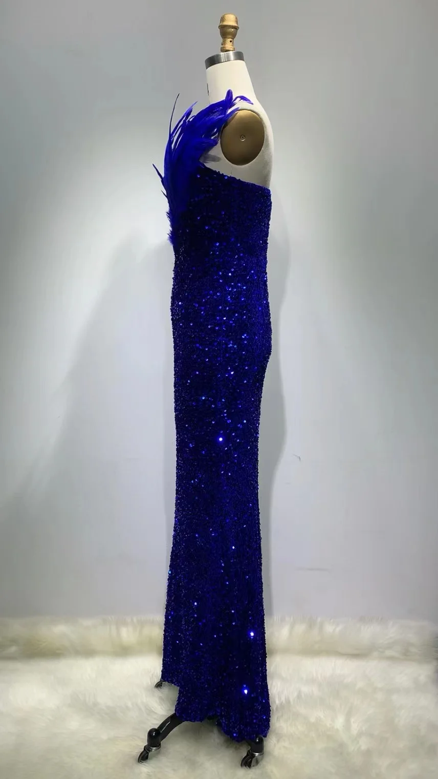 ED2249 Kimshein Luxury Women Blue Mesh Veck With Feathers Sequin Dresses for Bridesmaid Gowns Evening Dinner Club ED2249 Kimshein Luxury Women Blue Mesh Veck With Feathers Sequin Dresses for Bridesmaid Gowns Evening Dinner Club