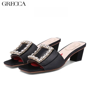 GRECCA Black Satin Mule Sandals Square Rhinestone Buckle Open Toe Chunky Heel Sheepskin Lining-Elegant Outdoor Daily Wear Shoes