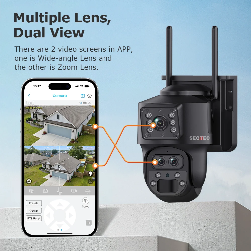 SECTEC 6MP Solar Battery Powered Network Camera 3 Lens 2 Screens with 12X Zoom 4G UBOX APP Outdoor CCTV PTZ 4G Solar Camera