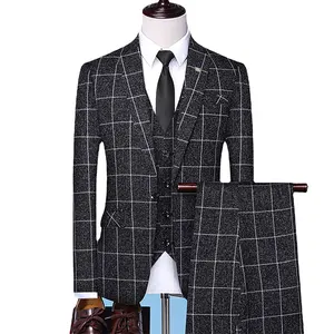 Manufacturers Wholesale Korean Slim Fit Fashionable Lattice Suit Men's Wedding Dress 3Pcs Suit Pants Vest Business Suit