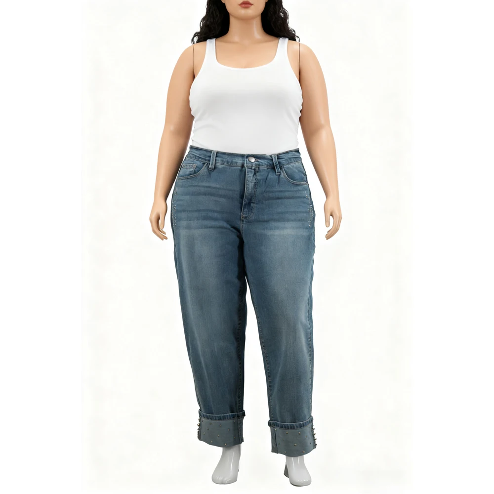 Plus Size Studded Cuffed Women's Jeans Trendy High Waist Loose Fit Denim Pants Fashion Casual Plus Size Trousers