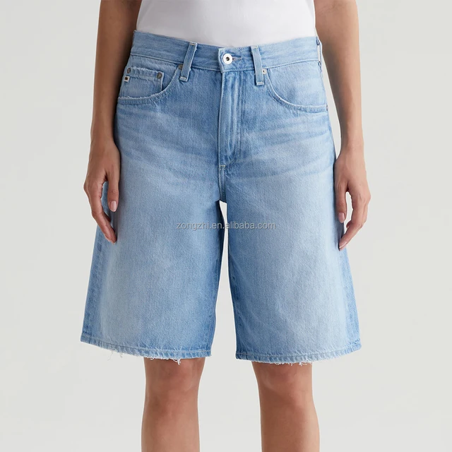 Custom Women's Pure Cotton Denim Shorts High Waist Straight Style Summer Street Wear Washed Jean Wide-Leg Bermuda Shorts