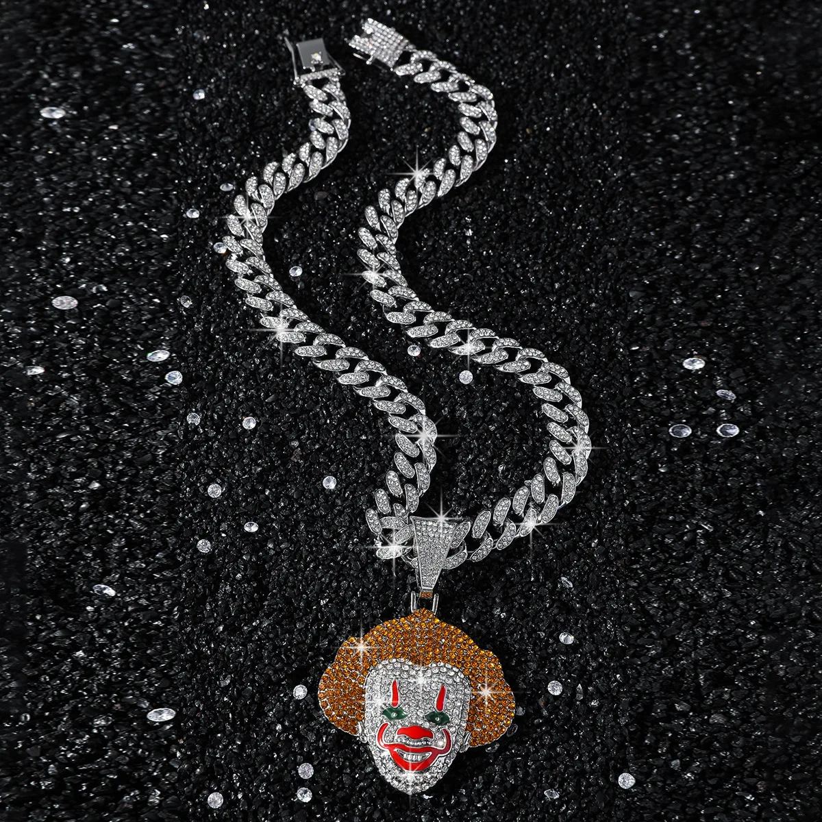 Zinc Alloy Hip Hop Punk Rhinestone Clown Pendant Necklace