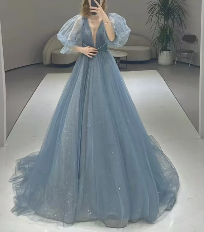 dusty blue prom dress with sleeves S0140y 2026 New Puff Sleeve Sparkly Tulle Evening Luxury Formal Gow Found the ultimate bestseller dusty blue formal dress cowboy An ideal choice for Größe:Größe 14