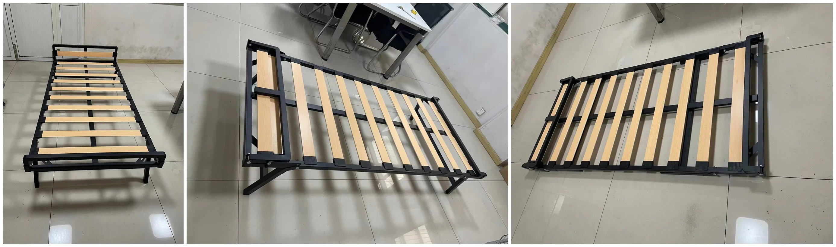 Custom Single Metal Foldable Bed Frames With Wooden Slats And Folding Headboard And Folding Legs