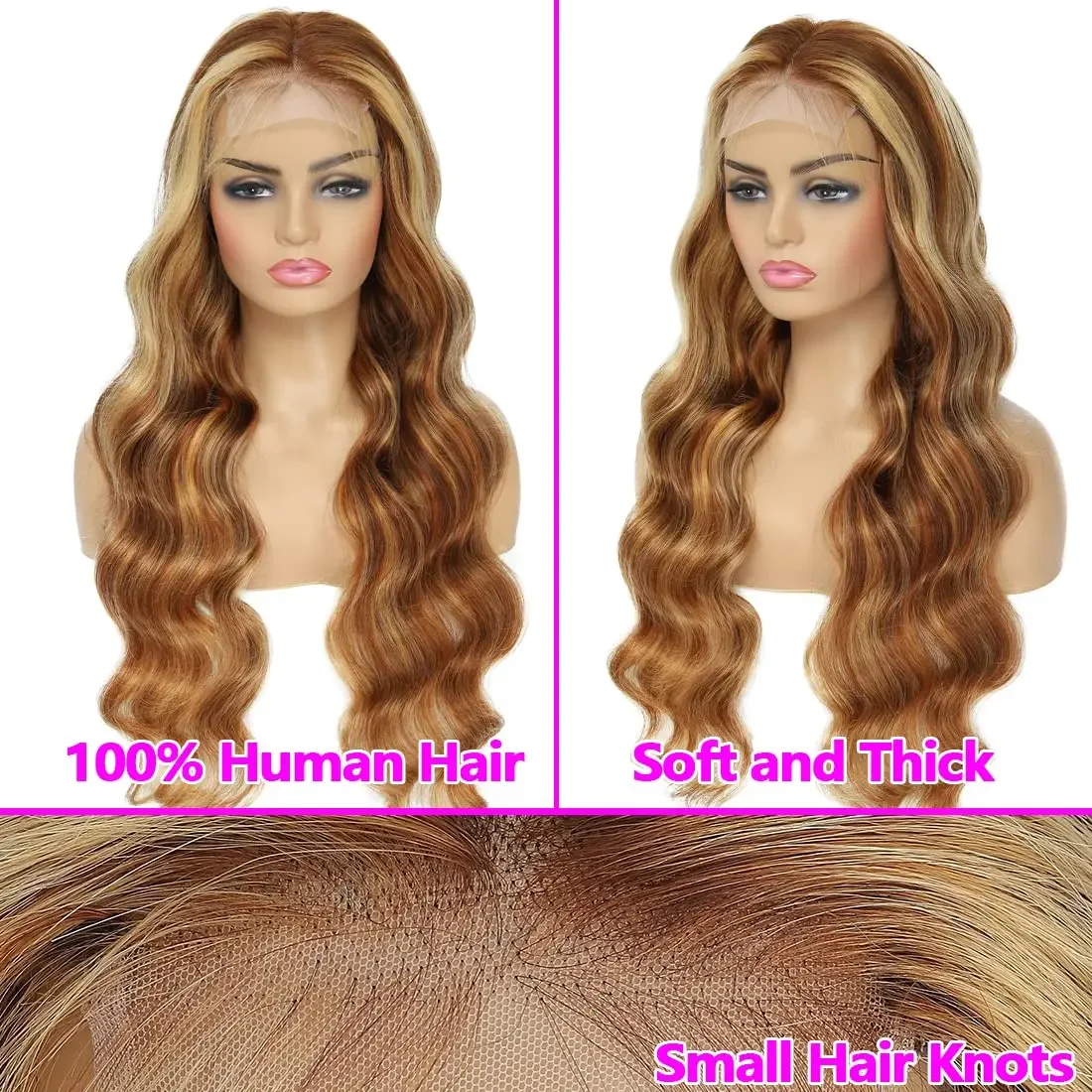 Perruque Lace Front Wig Body Wave en cheveux humains avec reflets ombrés, sans colle, blond miel_voghion.com