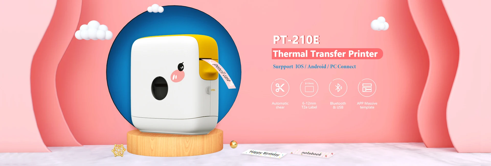 New Arrival PT-210E Lovely Smart Portable Home Label Printer For 6/9/12mm TZ Label Tapes With Auto Cut