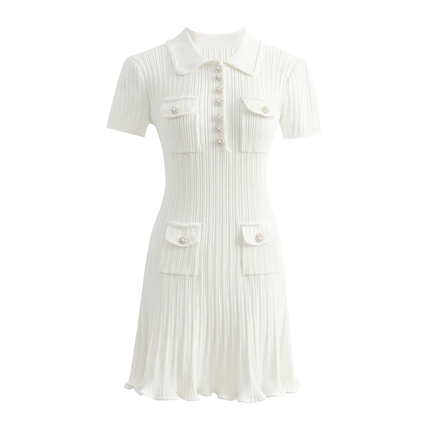 2026 Vintage Elegant Style Summer Lady Turn-down Collar Short Sleeve Women  Knit Sequin Sheath Flounced Short Dress Party Dress