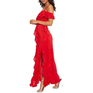Custom High Quality  Summer Causal Dress  Long Skirt Ladies Sexy Backless Front Slit Red Ruched Sling Midi Sundress Dresses