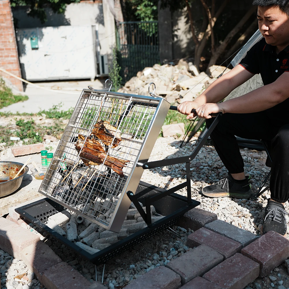Outdoor Courtyard Camping Revolving Grid Rotatable Roaster Meat Grill Manual Flip Charcoal BBQ Rotary Grill