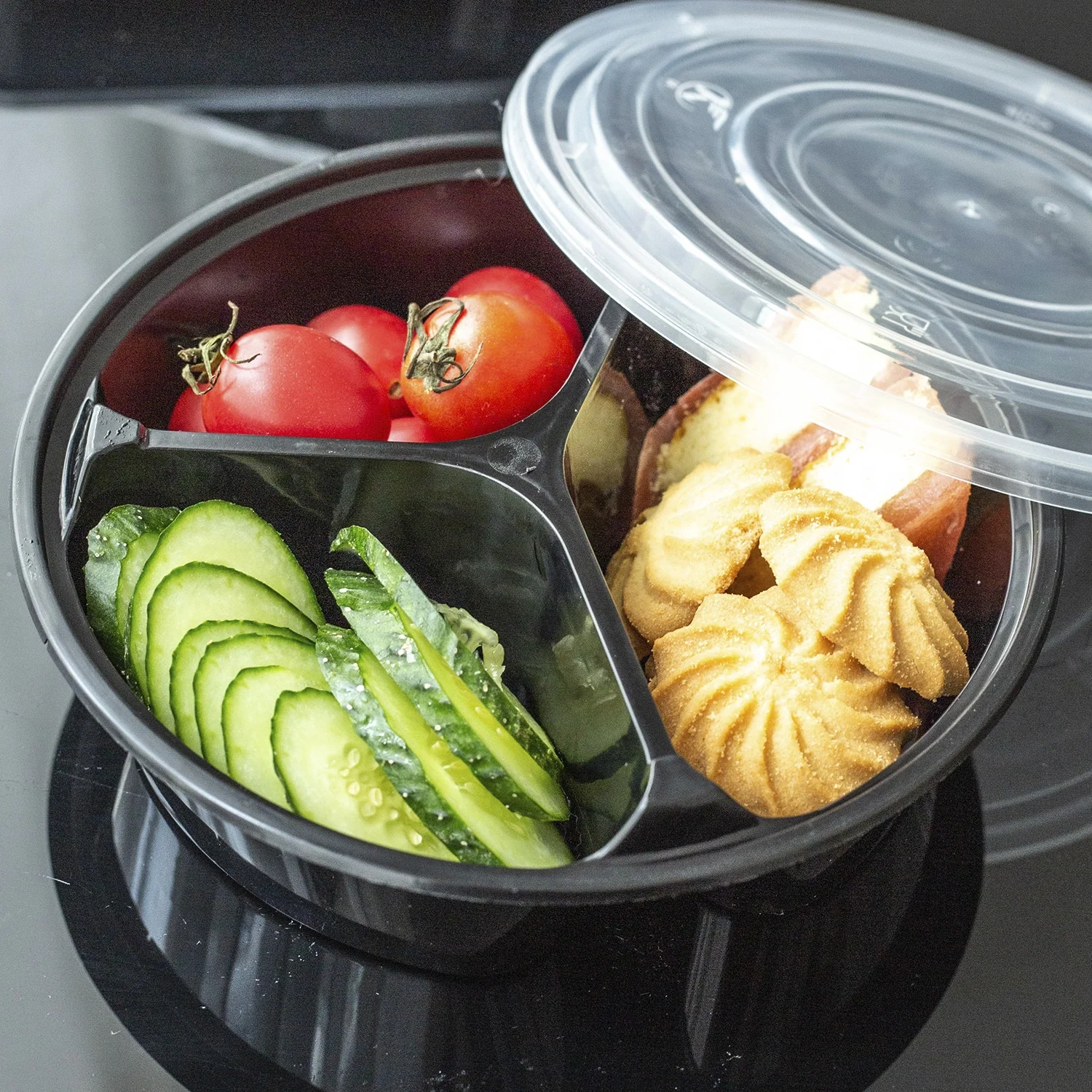 FastPac Black Medium 2 Compartment Takeout Food Containers 9L x 6 1/2W x  2 7/8D
