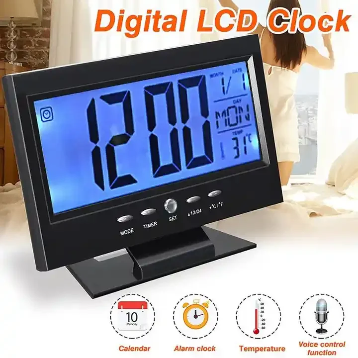 Large Large Screen Modern LCD LED Backlight Snooze Sleep Timer Large Digit Digital Alarm Clock with Time Date Temp