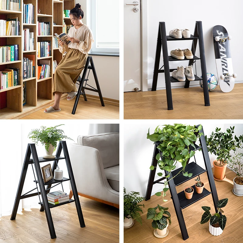 SHIMOYAMA 4 Steps Aluminum Ladder Lightweight Folding Step Stools for Adults With Wide Anti-Slip Pedal Portable Sturdy Ladder
