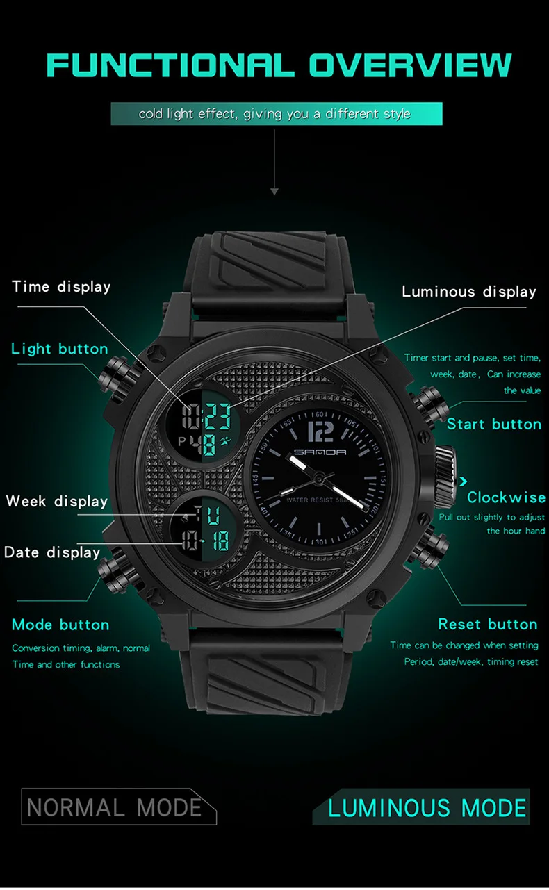 SANDA 3002 mode multi-fonction Sport 50M étanche hommes montre électronique mode lumineux chronographe étudiant montre reloj