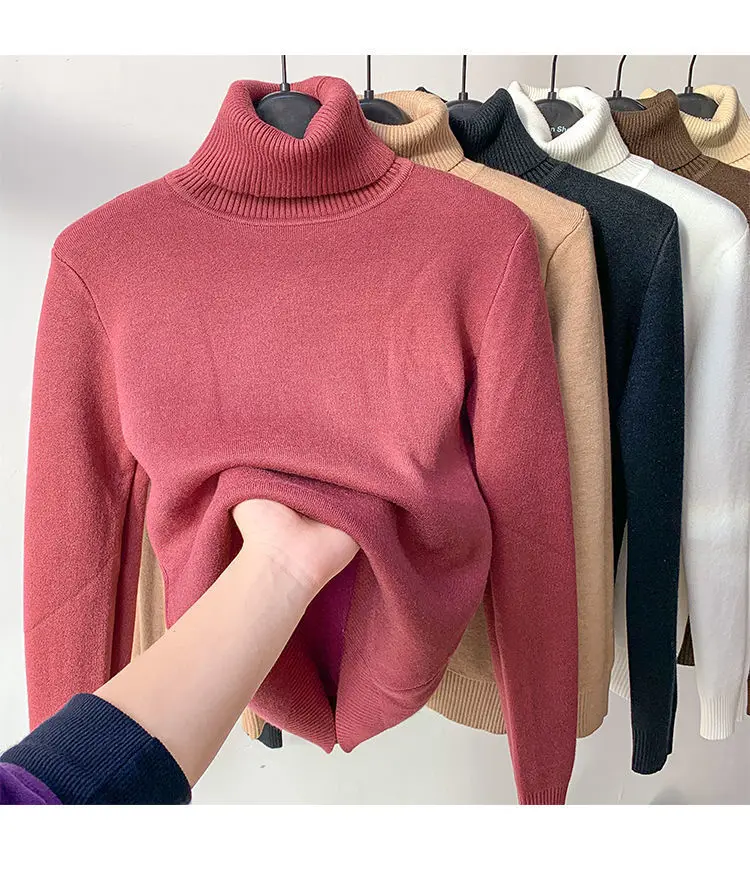 Pasuxi Winter Turtleneck Sweater Women Keep Warm Fleece Lined Knitted ...