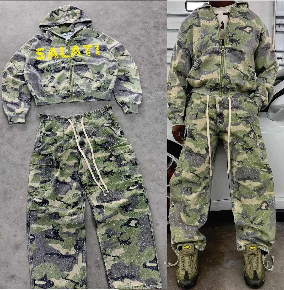 Custom Manufacturer Oversized Camoflouge Sweatsuit Camo Cargo Pants and Zip up Hoodie Jacket Set Streetwear Tracksuit Me gallery 7
