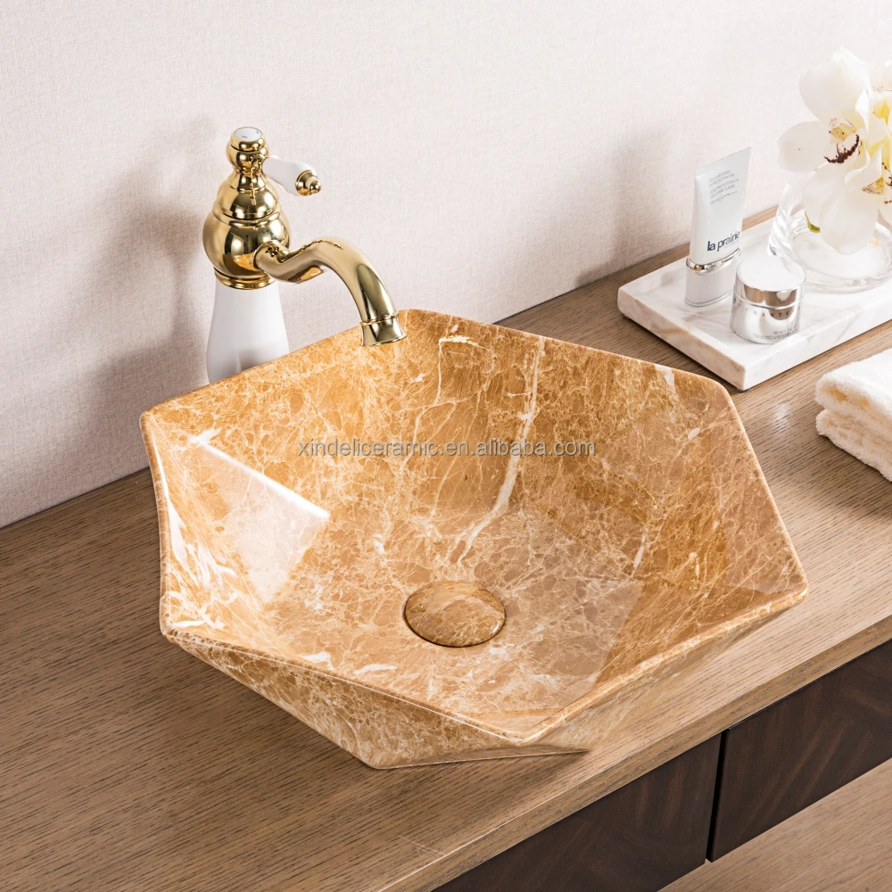 Hexagon Marble Ceramic Wash Basin Lavabo Bathroom Granite Colored Sinks