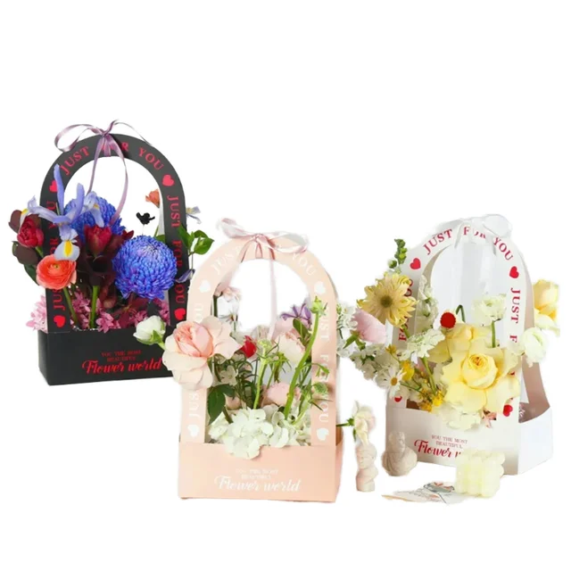 Floral Packaging Box U-Shaped Handheld Flower Basket Flower Shop Gift Box Fresh Flower Arrangement Blue  10 Pieces/Bag
