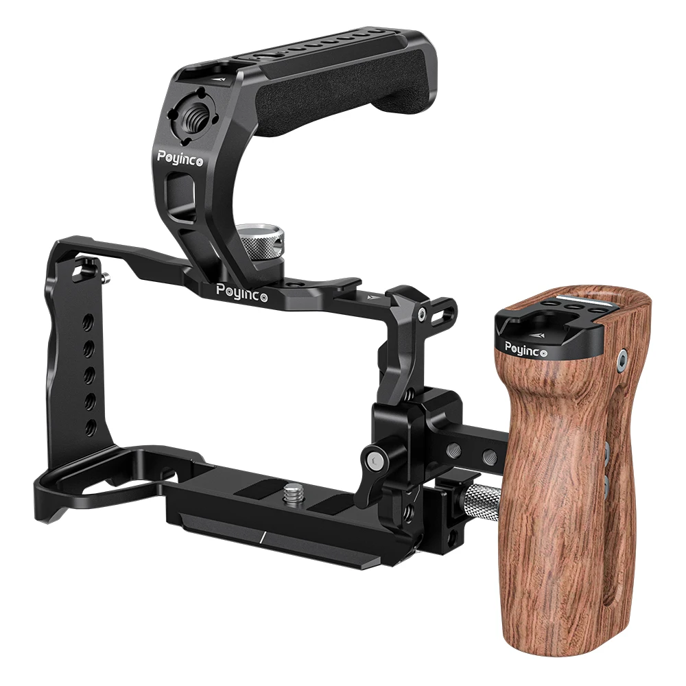Hliníková ochranná klec pro fotoaparát Sony A6700 / Alpha 6700 s kamerovým rigem, horním držadlem a dřevěným bočním držadlem