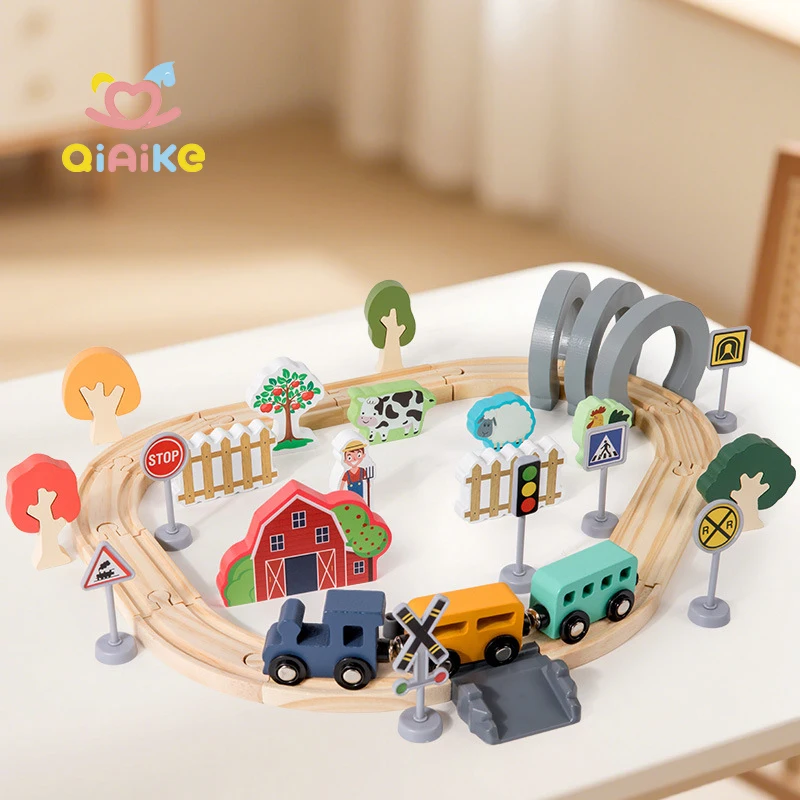 Jouets éducatifs en bois pour enfants, set de 42 pièces représentant une ferme, train de simulation thématique, jouets ferroviaires à assembler