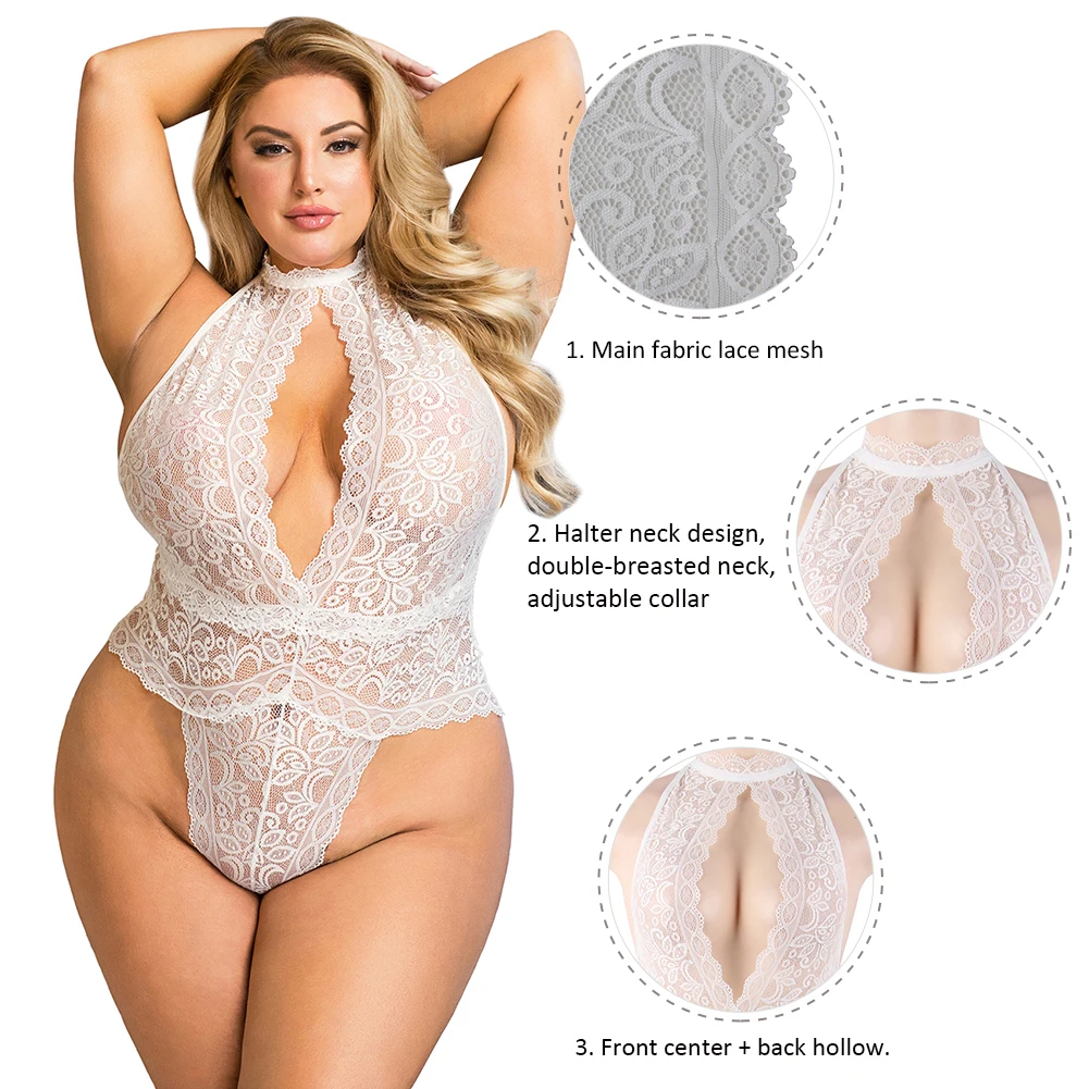Plus Size Mulheres Sexy Lingerie Open Back Lingerie Lace Babydoll