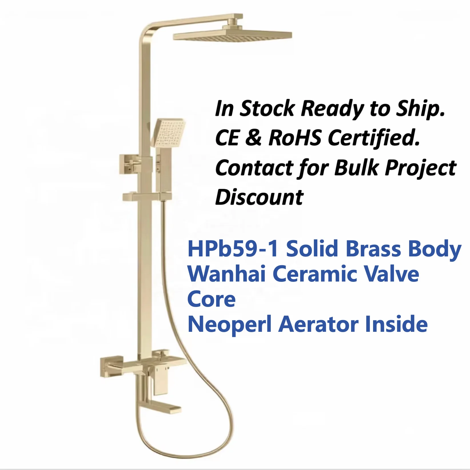 Brushed Gold Shower Set Slide Bar Square Shower Head 3-Function Wall Mount Rain Handheld Spray 59A Brass Body with Wanhai Valve