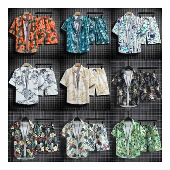 Plus Size Clothes Men Shirts Summer Vacation Resort Hawaiian Men's Cardigan Print Casual Shorts Beach Shirt Two Piece Man Sets