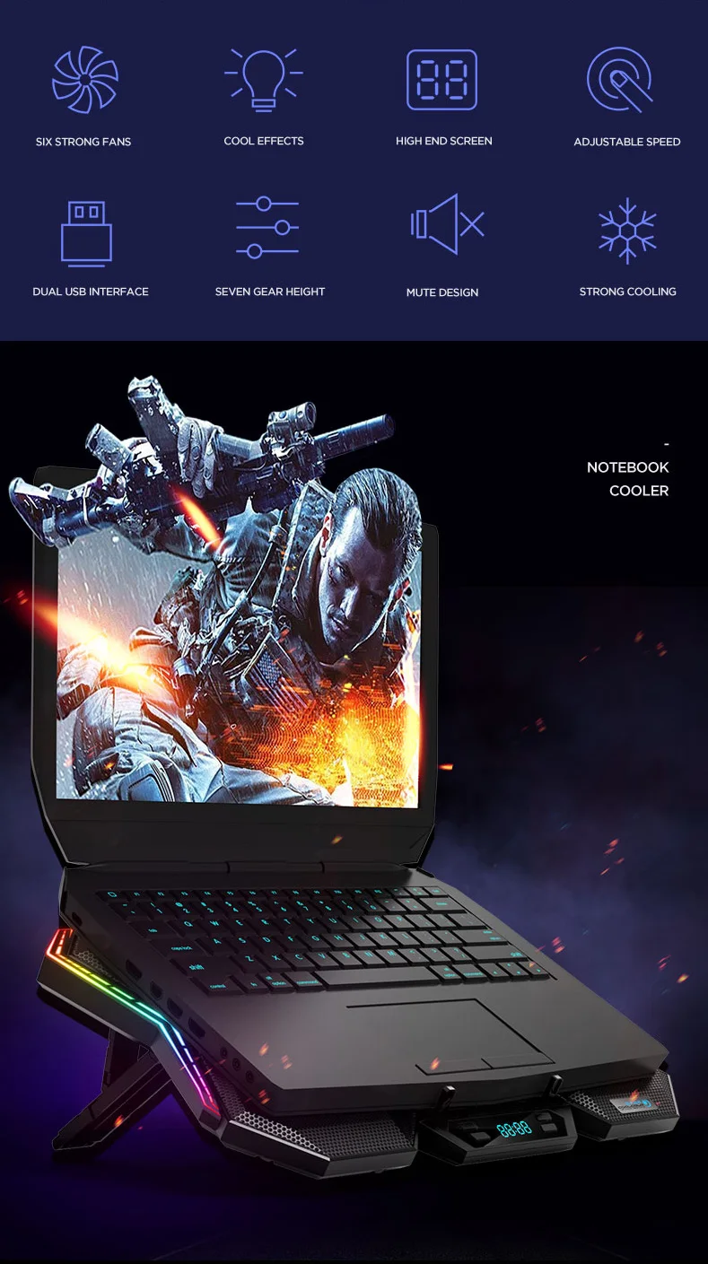 New Gaming RGB Laptop Cooling Pad LED Screen 6 Cooling Fans Cooler Stand for Laptop
