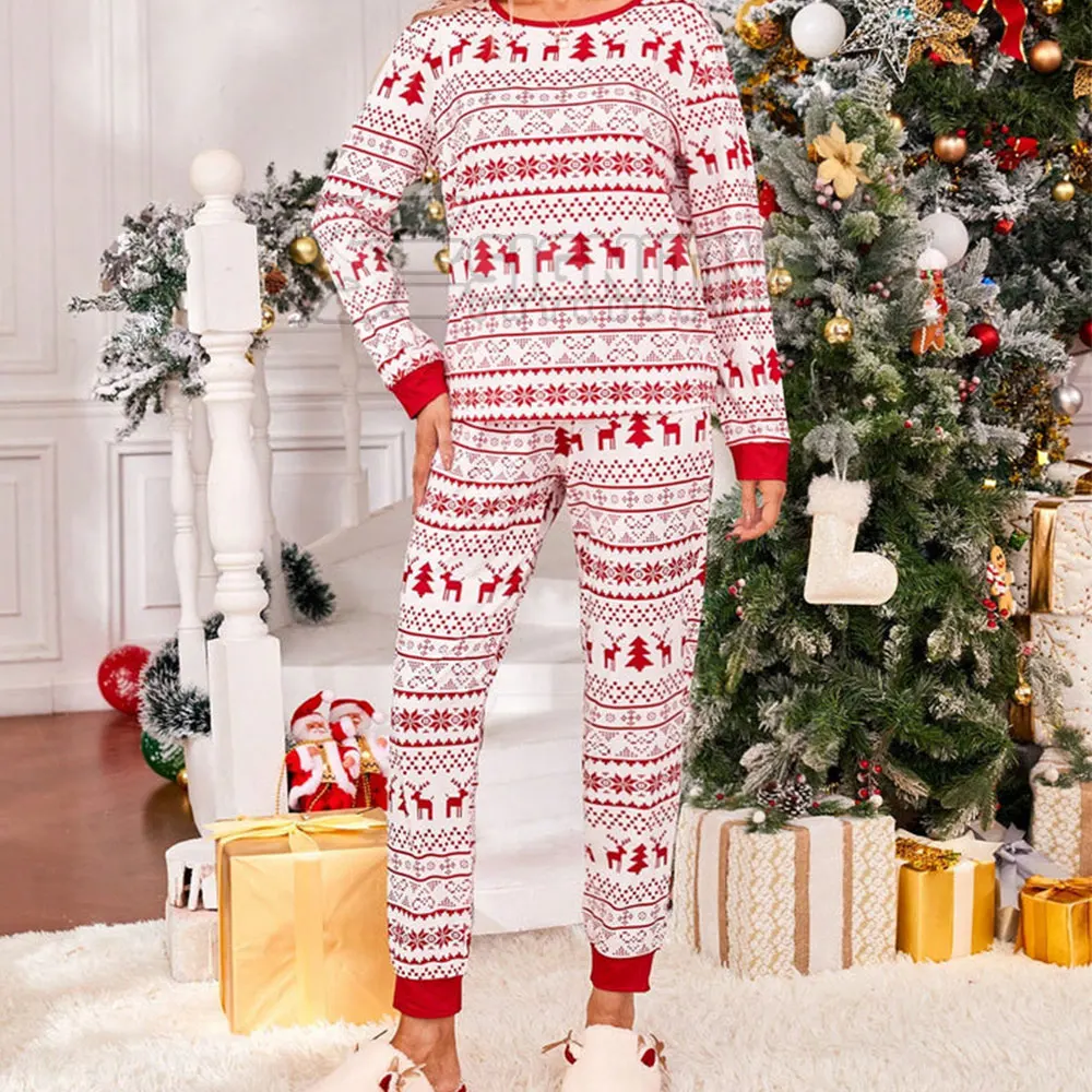 Christmas Casual Sleepwear Set for Adults 100% Cotton Long Sleeve Tee Pants Merry Christmas Lounge Pajama Suit for Winter
