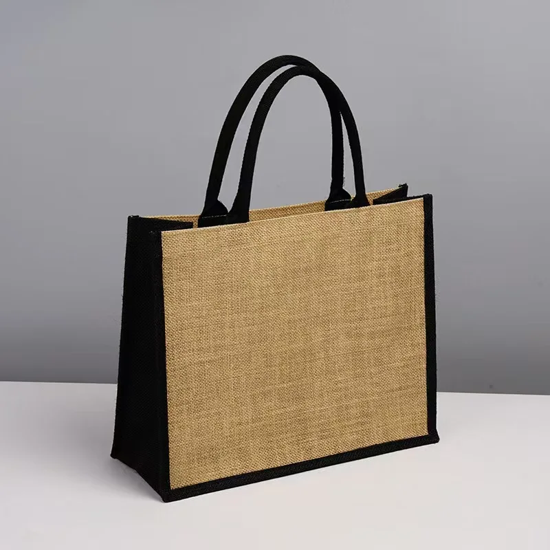 Custom Logo Silk Screen Printed Natural Black Jute Sack Burlap Shopping Bag for Anniversary Wedding Gift Sturdy Handles preview 2
