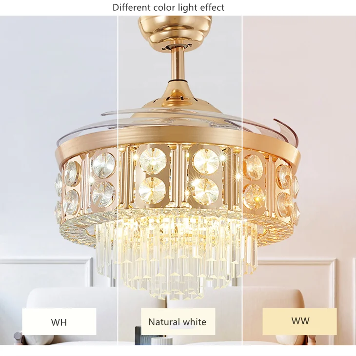 LED invisible modern crystal ceiling fan with light fixtures fan chandelier dining room decoration fan lighting