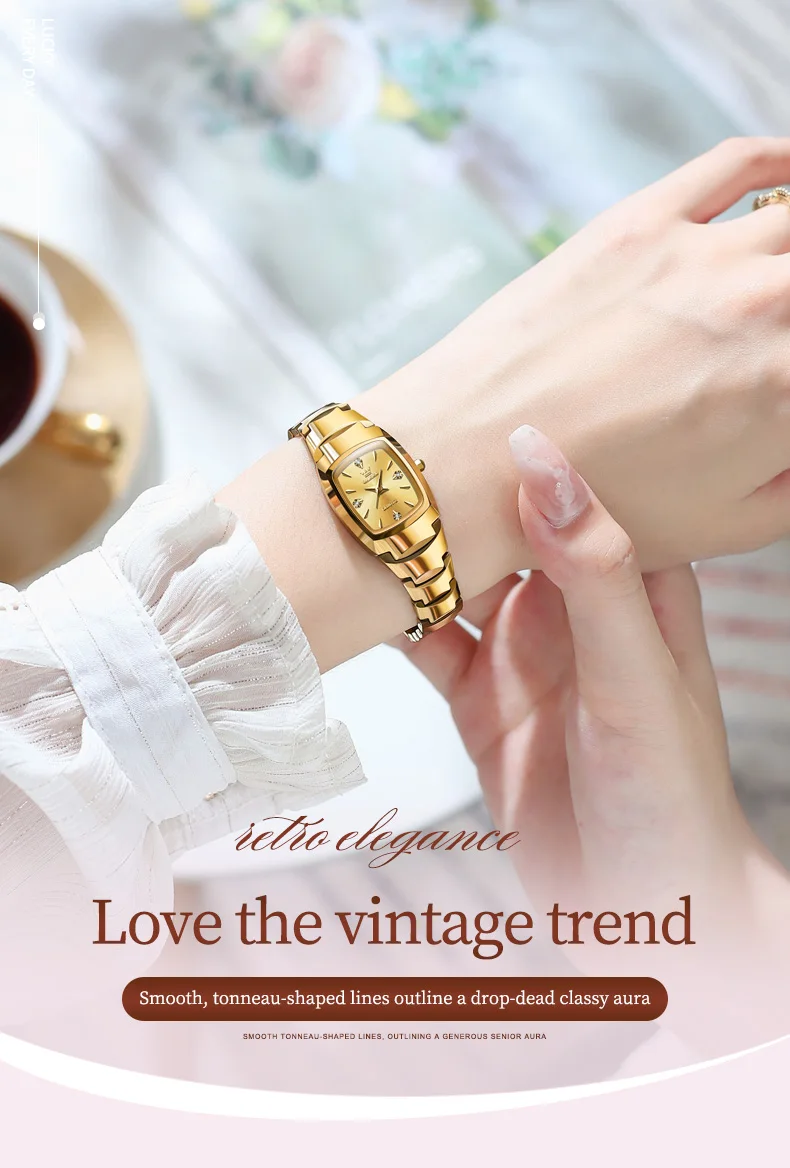 OLEVS 7006 Japan Quartz Movement Water Resistant 3ATM Women Watch Square Shape Dial Gold Tungsten Steel Bracelet Ladies Watches