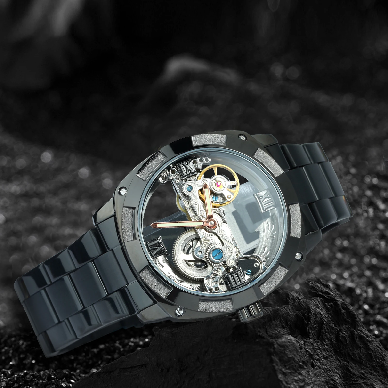 Forsining Watch GMT1165 Men Transparent Design Mechanical Silver Gear Skeleton Stainless Steel Automatic Watches Men