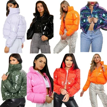Shiny womens winter Cropped Puffer jacket Sequins Parka Down Puffy Bubble Coat Solid Color Fashion Cardigan Outerwear