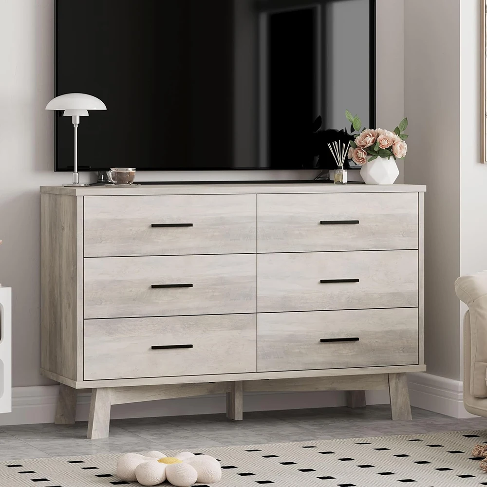 product nu deco modern 6 drawer wide chest dresser with x shaped sturdy base wood material grey for bedroom living room clothes storage-3