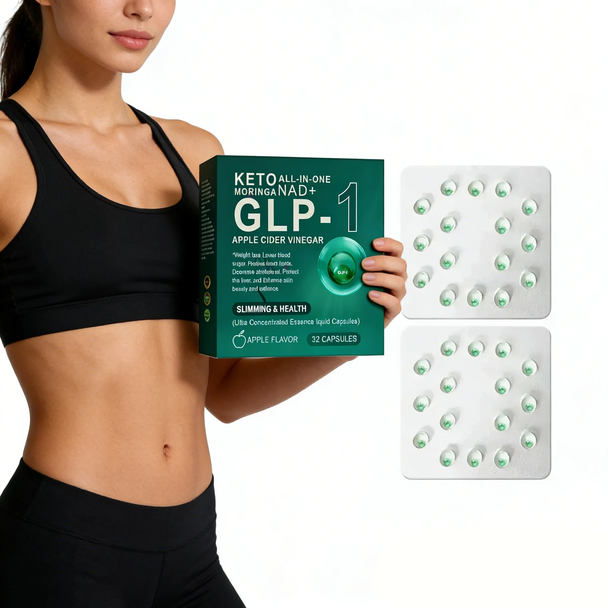 GLP-1 Moringa NAD+ Apple Cider Vinegar Slimming Capsules, Apple Flavor 32ct
