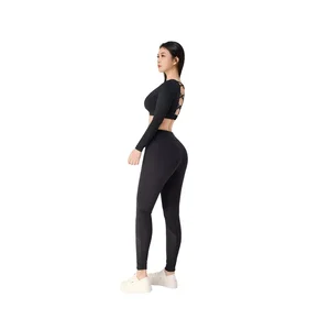 Yoga  Wear China Supplier Custom 2 Piece Long Sleeves Crop Tank Top and Legging Pant Gym Active Women's Gym Clothes Kit