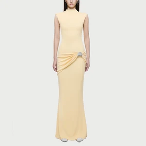 ZYHT 73861 Clothing Manufacturer Summer Sleeveless Light Yellow Modest Simple Knitted Casual Maxi Women's Long Elegant Dress